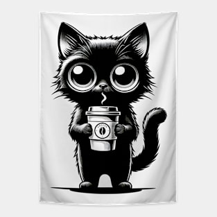 Cute Black Cat With Coffee Cup Chibi Kawaii Character Tapestry