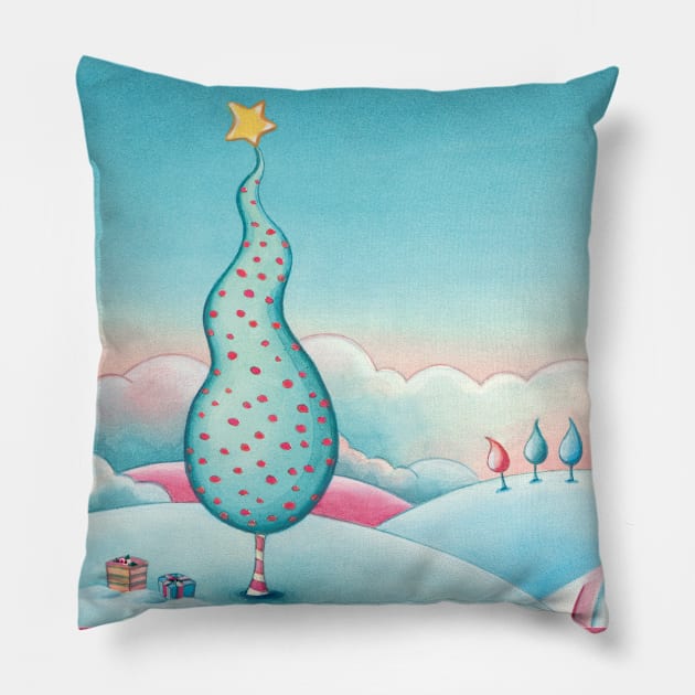 Christmas tree landscape Pillow by Nopi Pantelidou