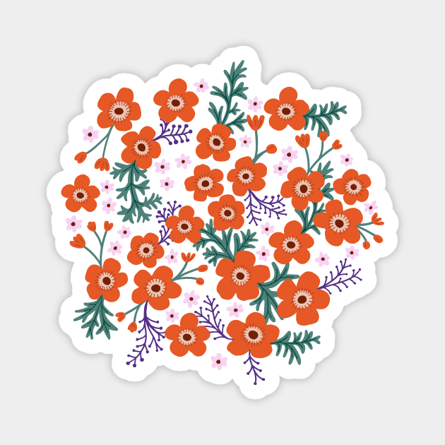 Buttercup garden in coral and lavender Magnet by Natalisa