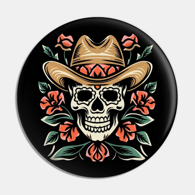 Cowboy Skull Floral tattoo Pin by Goku Creations
