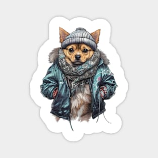 Chihuahua dog wearing a leather jacket and hat Magnet