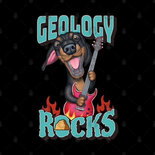 Cute Geology Rocks with dachshund doxie dog playing guitar by Danny Gordon Art