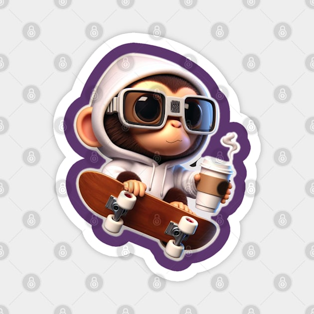 Skateboarding Java Junkie: Cool Monkey with Coffee, Hoodie & Shades Magnet by Rolling Reality