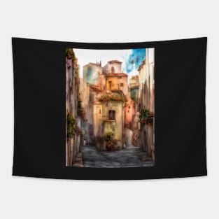 narrow street with colorful houses and children Tapestry