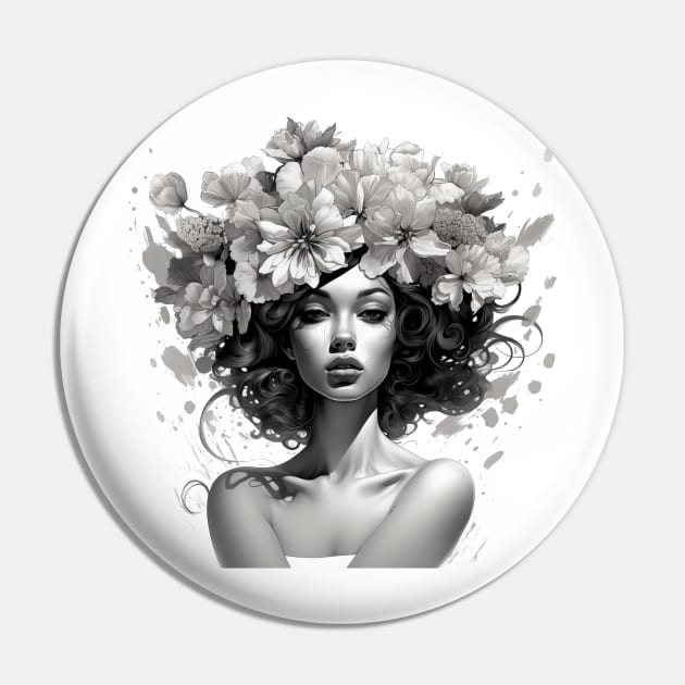 Woman with flowers on her head Pin by RosaliArt