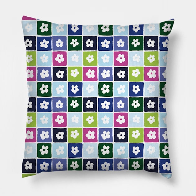 Checker Flower Pattern - Blues and Greens Pillow by SRSigs