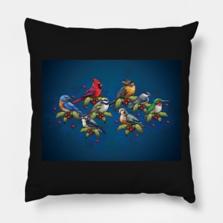 Christmas Holiday Birds Blue Pillow