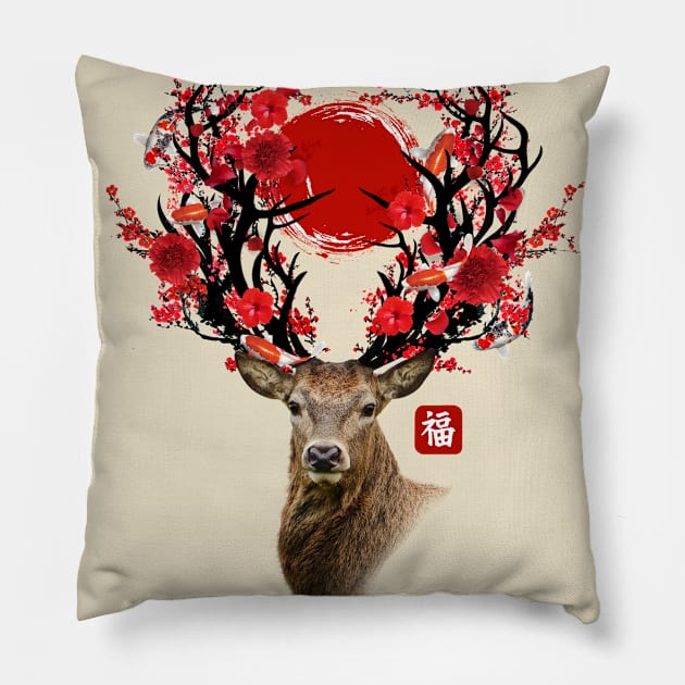 Deer with Flowering Antlers (Happiness) Pillow by DavidLoblaw