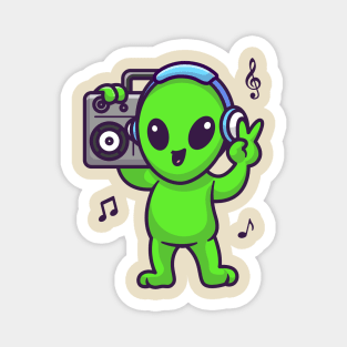 Cute Alien Listening Music With Boombox And Headphone Cartoon Magnet