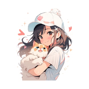 Kawaii Anime Girl with Cat Tee, Cute Waifu and Neko T-Shirt