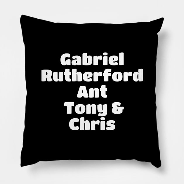 Genesis Peter Gabriel Era Band Member White Type Pillow by kindacoolbutnotreally