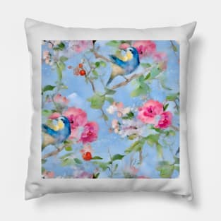 Blue tit and spring flowers chinoiserie Pillow