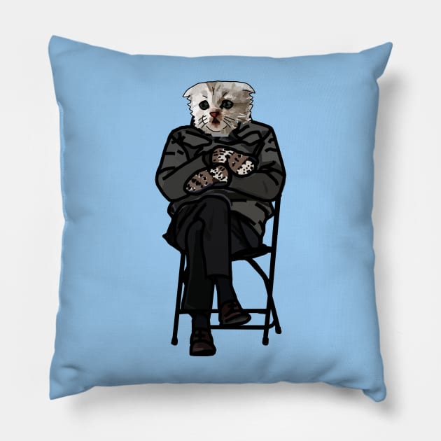 Funny Zoom Cat wearing Bernie Sanders Mittens Memes Pillow by ellenhenryart