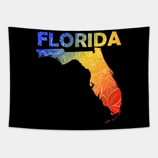 Colorful mandala art map of Florida with text in blue, yellow, and red Tapestry