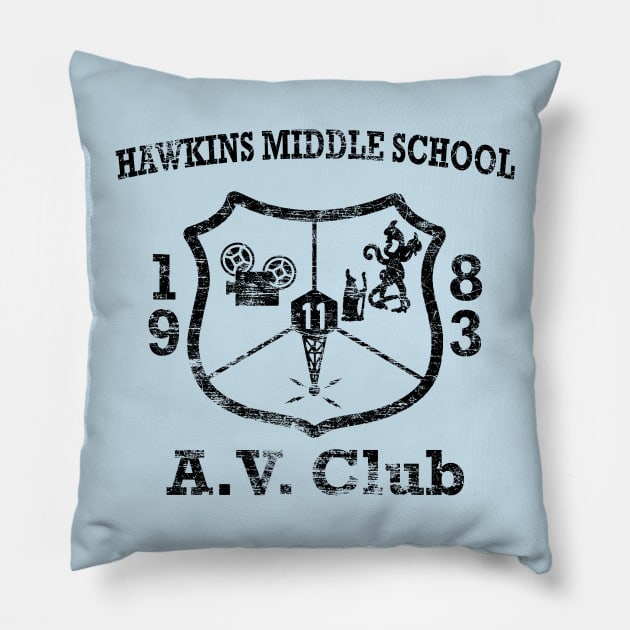 Hawkins Middle School A.V. Club Weathered Black Pillow by Smidge_Crab