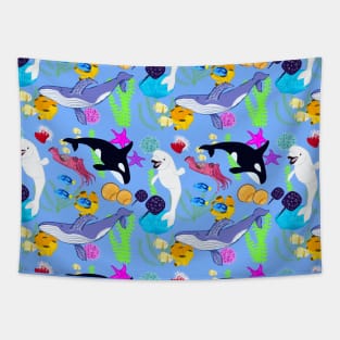 Whales and Sea Creatures Pattern - Light Blue Tapestry