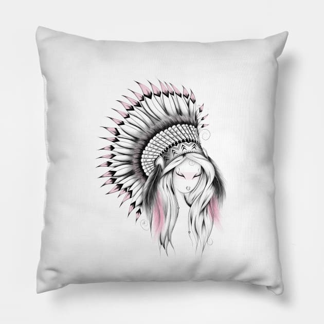Indian Headdress Pink Version Pillow by LouJah69