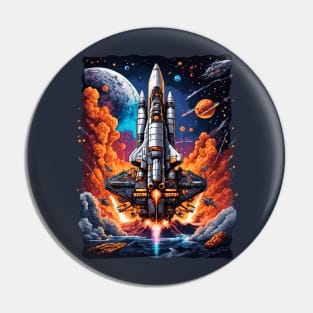 Launching Space battleship, space ship adventures retro vintage design Pin