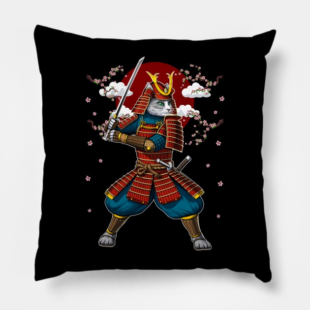 Japanese Cat Samurai Ninja Pillow by underheaven