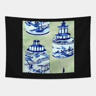 Blue and white chinoiserie jars on sage green Tapestry