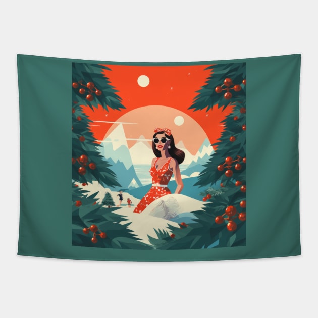 Christmas in July Lady in red at the sky resort Tapestry by Sara-Design2