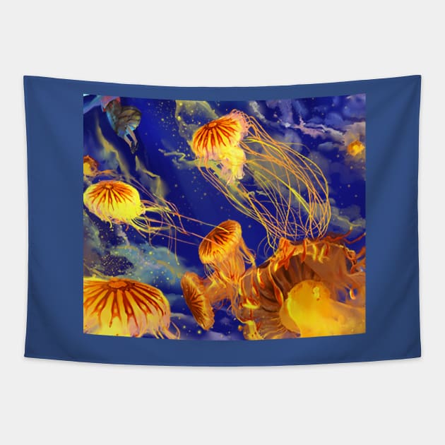 Yellow jellyfish Tapestry by daghlashassan