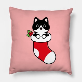 Cute Tuxedo Cat Inside a Christmas Stocking Pillow