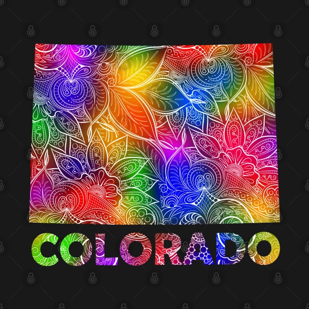 Colorful mandala art map of Colorado with text in multicolor pattern by Happy Citizen