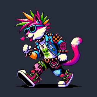 Retro Punk Feline: Pixel Heart & Edgy Style T-Shirt