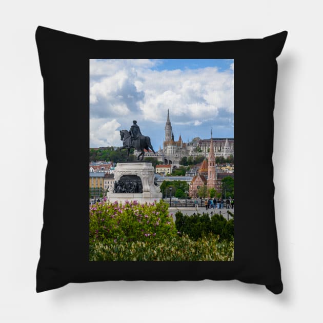 St. Matthias and Fishermen's Bastion and Statue of Count Gyula Andrassy in Budapest, Hungary Pillow by mitzobs