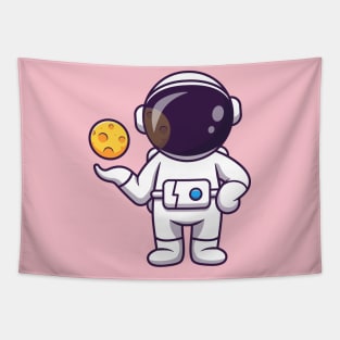 Cute Astronaut With Moon Cartoon Tapestry