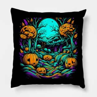 Pumpkins In The Patch Of A Trippy Remote Forest Hut Pillow