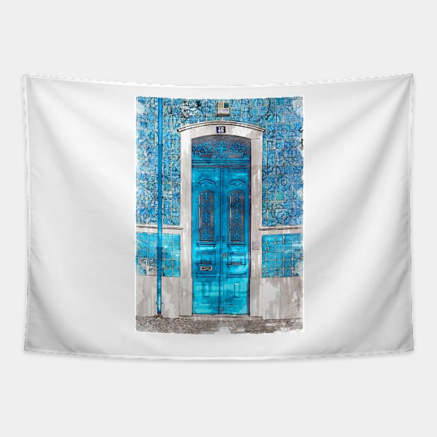 Vintage Old Blue Doors Blue Patterned Tiles Tapestry by ColortrixArt