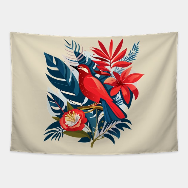 Red bird and exotic flowers Christmas decoration floral Boho chic design Tapestry by sofiartmedia