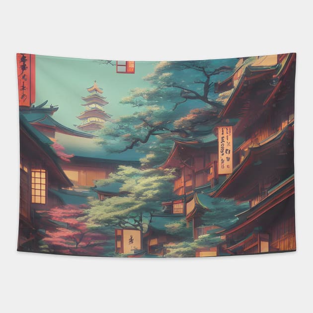 Japanese Temples Vacation Holiday Streets of Calmness Vintage Trees Tapestry by DaysuCollege