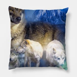 Snow Wolf In Northern-Lights Forest, Moon Wolves Pillow