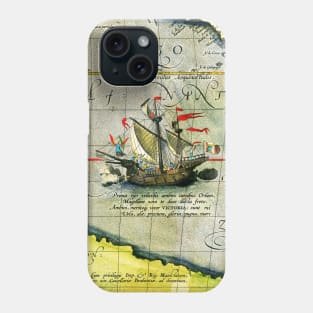 Magellans ship Victoria, Antique Map Pacific Ocean 1589 Phone Case