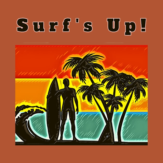 Surf's Up! (surfer, surfboard, palmtrees, waves, sunset) by PersianFMts