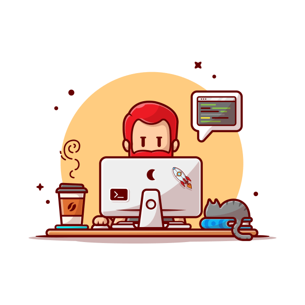 Man Working On Computer With Cat Cartoon Vector Icon Illustration by Catalyst Labs