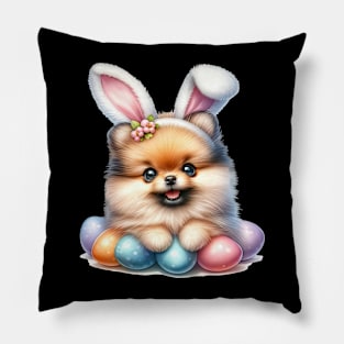 Puppy Pomeranian Bunny Ears Easter Eggs Happy Easter Day Pillow