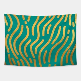 Teal Blue Gold colored abstract lines pattern Tapestry