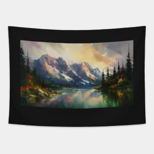 Majestic Peaks and Serene Lakes: A Vibrant Mountain Landscape Oil Painting #1 Tapestry