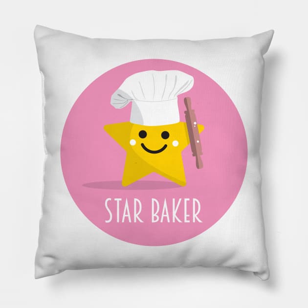 Cute Star Baker with Rolling Pin - Pink Pillow by VicEllisArt