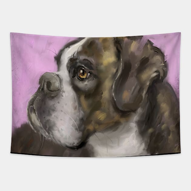 Painting of a Brown Coated Boxer Dog Looking to the Side on Purple Background Tapestry by ibadishi