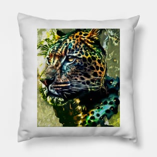 Majestic Digital Jaguar Cat Painting - Unleash Your Inner Wildness Pillow