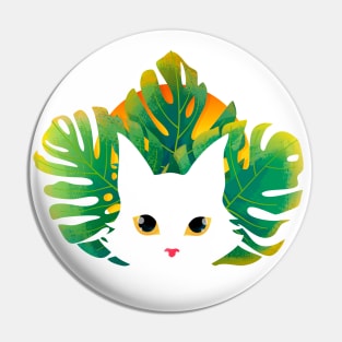 White Cat with Tropical Leaves in the Sunset Pin