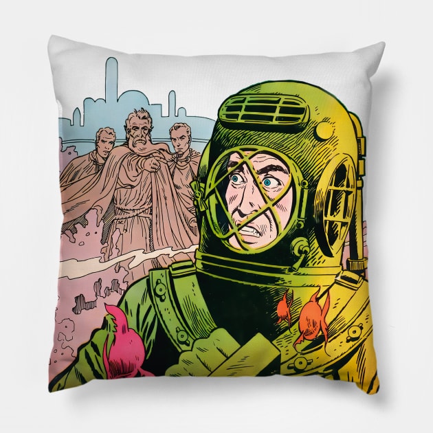 Underwater Diving Suit Ocean Gods Mysteries of Unexplored Worlds Retro Vintage Comic Book Pillow by REVISTANGO