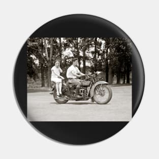 Couple Riding Motorcyle, 1928. Vintage Photo Pin