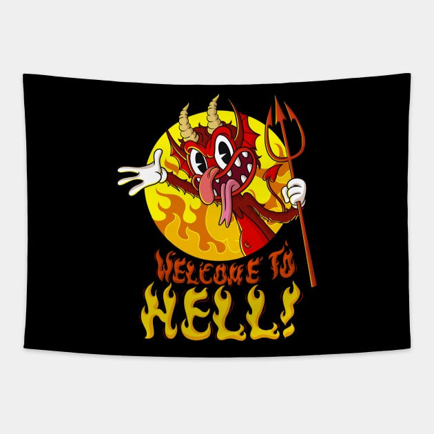 Blackcraft Satan Lucifer Vintage Cartoon Welcome to Hell Tapestry by Juandamurai