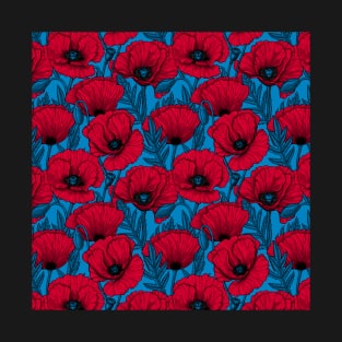 Red poppy garden on blue